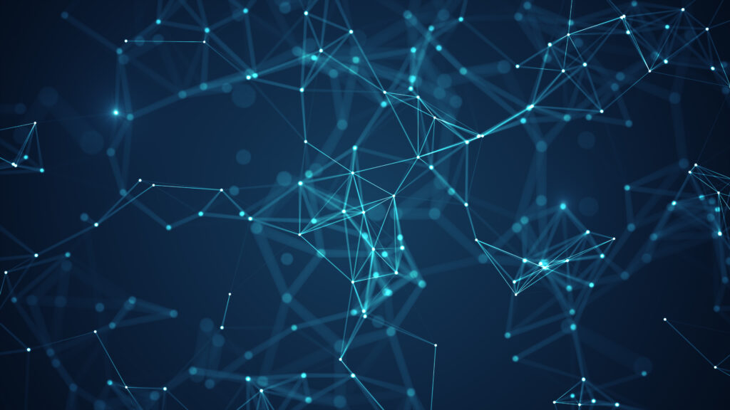 Abstract connected dots and lines on blue background. Communication and technology network concept with moving lines and dots.